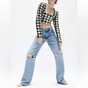 ZARA Black & White Sequined Long Sleeve Top